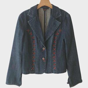 Vintage D Studio Denim Jacket Red Leather Lace Bling Buttons Blue‎ Boho Womens 8
